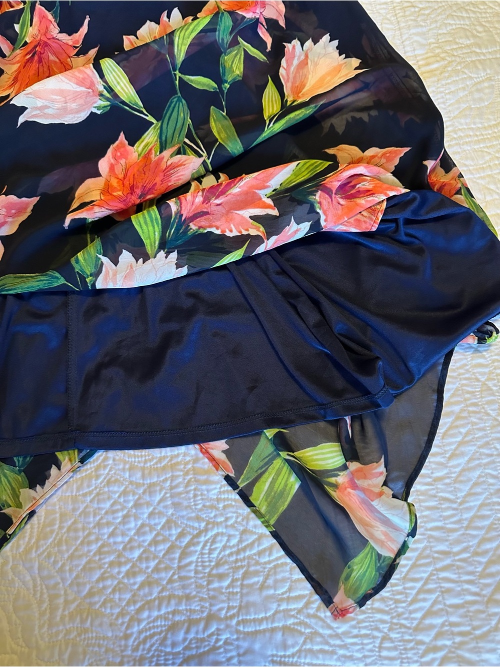 Eliza J Navy Blue Halter Floral handkerchief Dress in Coral and Green - Picture 12 of 12
